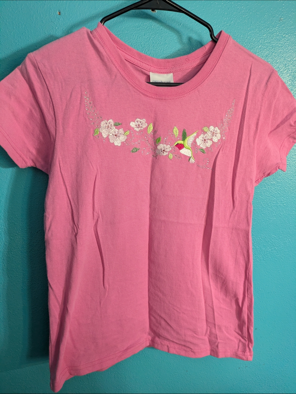 Pink Short-Sleeve Tee with Hummingbird Embroidery